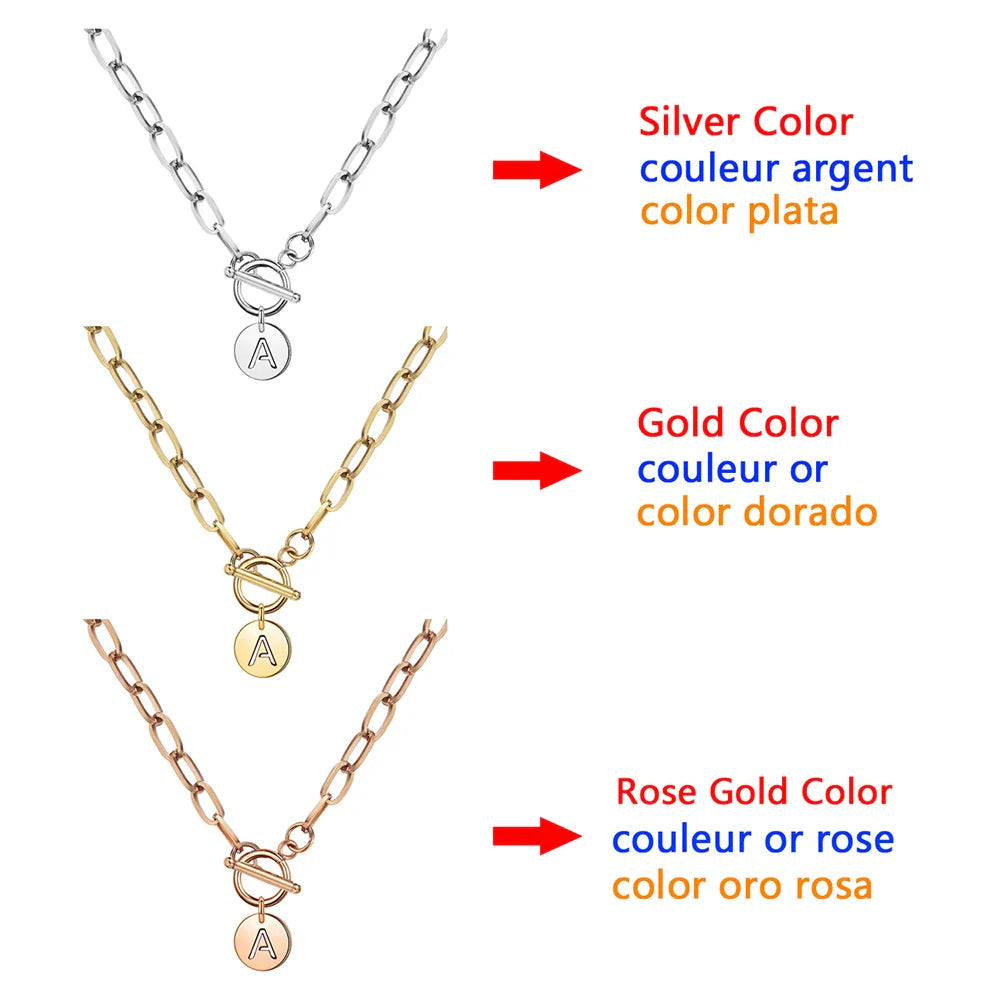 Stainless Steel Paper Clip Link Chain Customize Letter Initial Alphabet Pendant Necklace For Women Toggle Choker Name Jewelry
